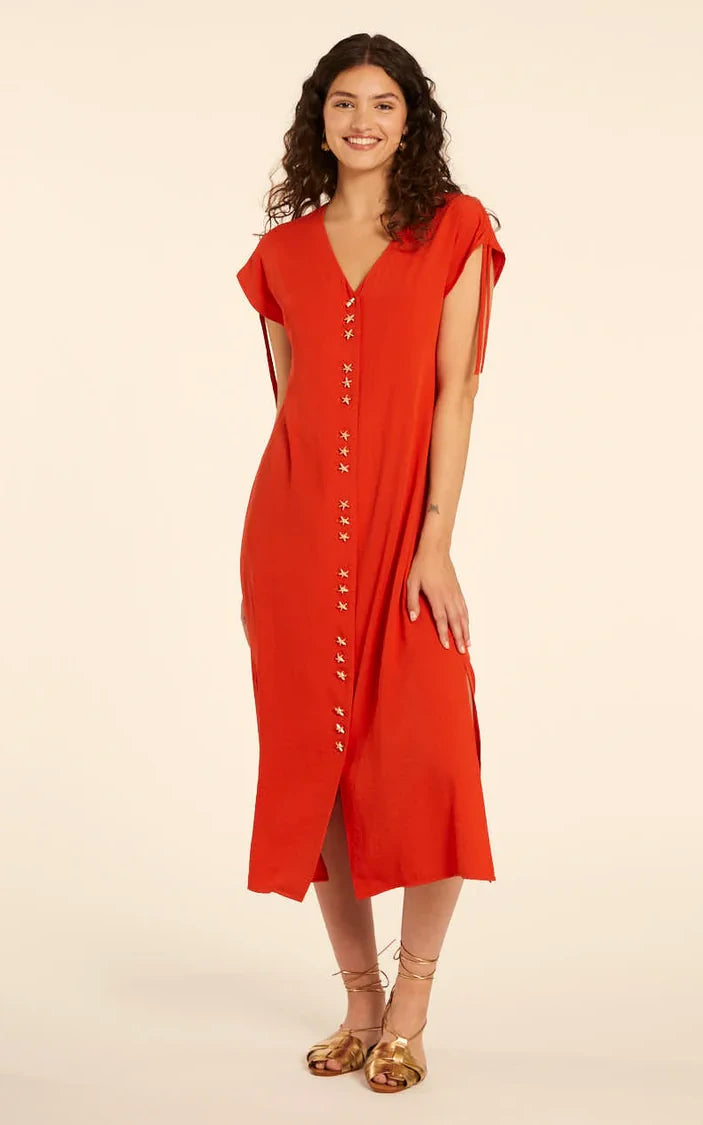 Pepaloves - Vestido Midi Con Fruncido Rojo