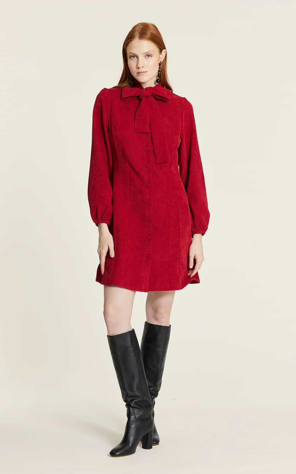 Pepaloves - Corduroy Dress With Red Bow
