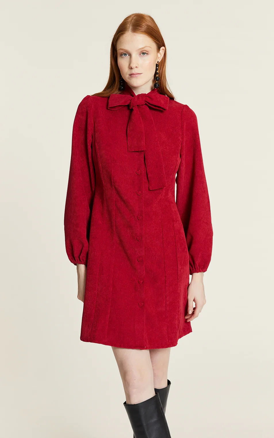 Pepaloves - Corduroy Dress With Red Bow