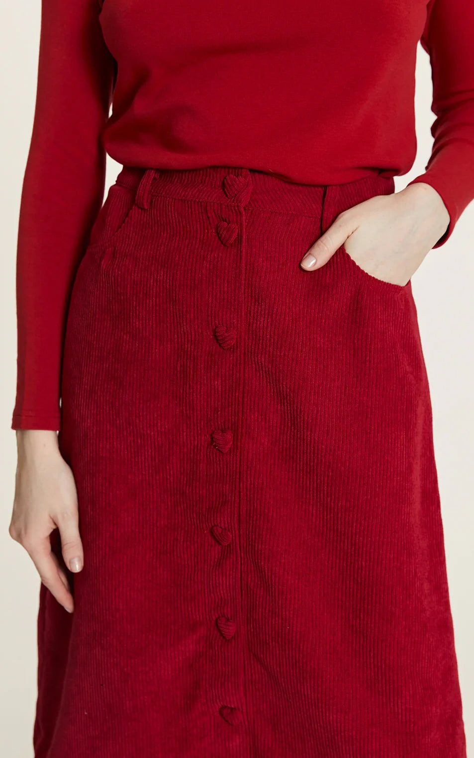 Pepaloves - Corduroy Skirt With Red Heart Buttons