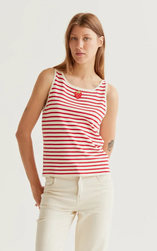 Compania Fantastica - White And Red Striped Top With Strawberry Embroidery