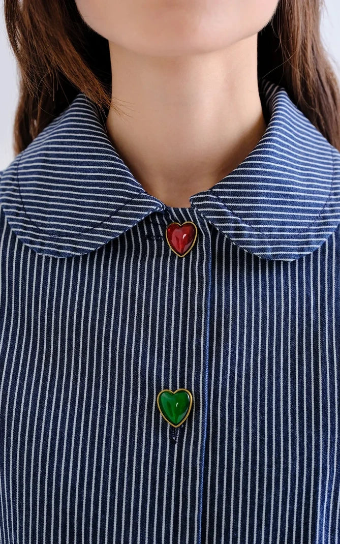 Compania Fantastica - Denim Jacket Blue Stripes & Multicolor Heart Details