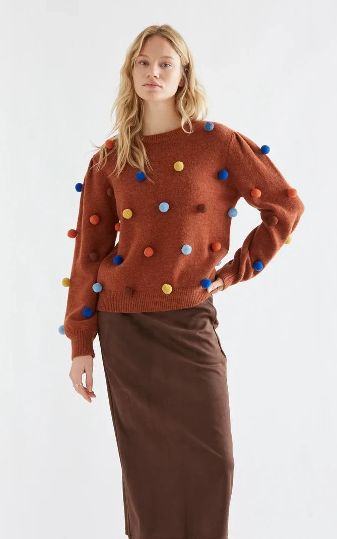 Compania Fantastica - Brown Knit Sweater With Multicolored Pompoms