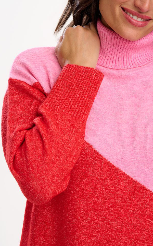 Sugarhill Brighton - Winona Roll-Necck Jumper Pink Red Colour Block