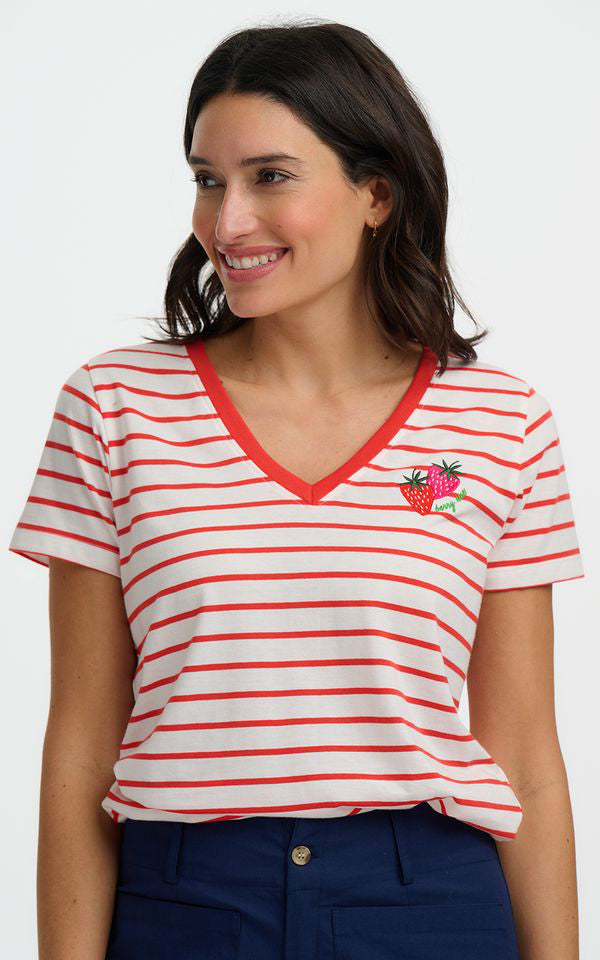 Sugarhill Brighton - Khloe V-Neck T-Shirt Red Off White Stripe Strawberry