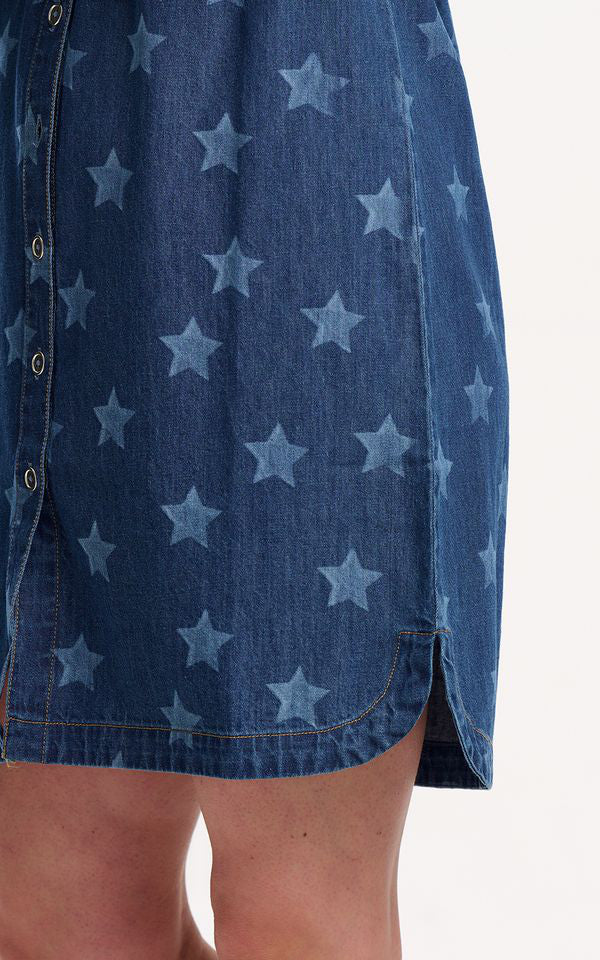 Sugarhill Brighton - Ilsa Mini Shirt Dress Mid Blue Denim Bleached Stars