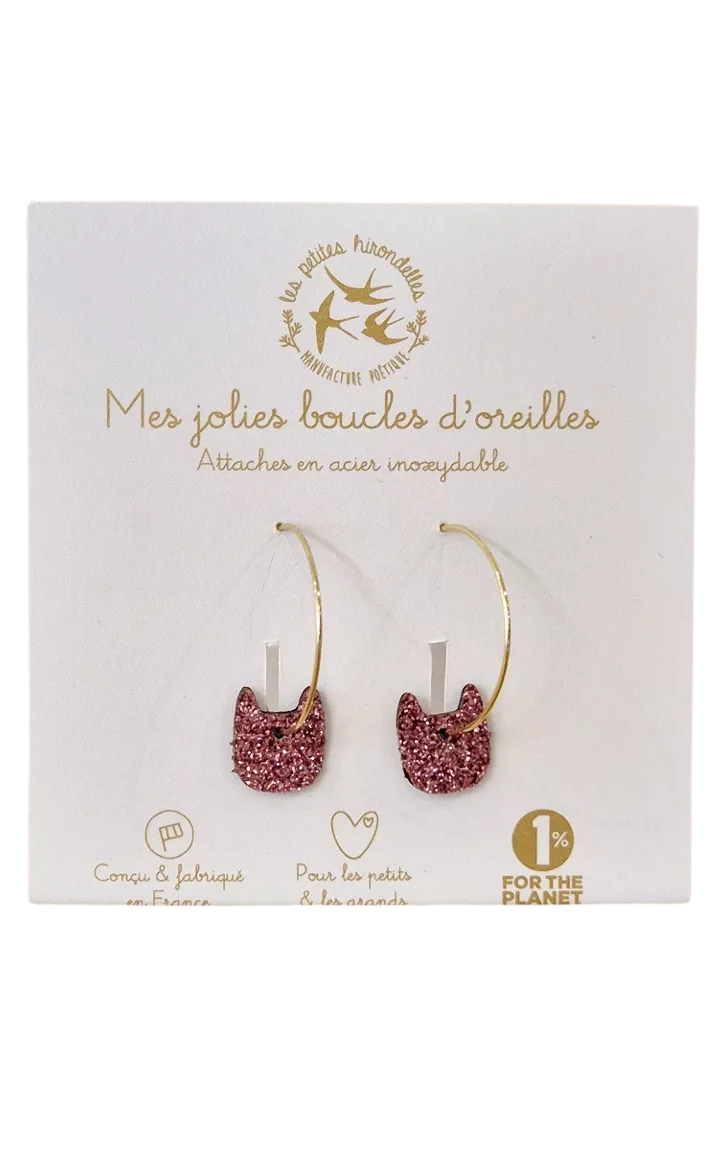Glittery Creoles Earrings Cat Pink