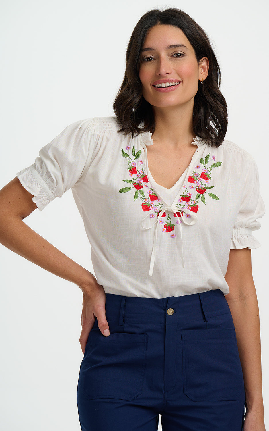 Sugarhill Brighton - Angelique Shirred Top Off White Wild Strawberry