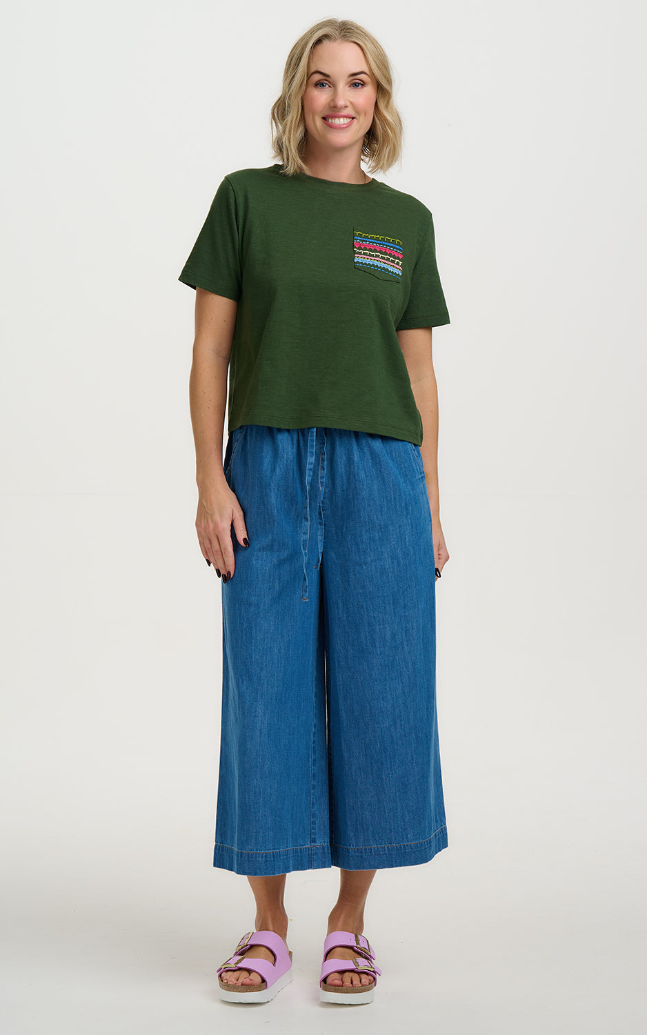 Sugarhill Brighton - Tula Boxy T-Shirt Olive Aztec Embro