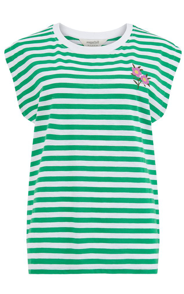Sugarhill Brighton - Chrissy Relaxed Tank T-Shirt White Green Stripe Floral Sprig