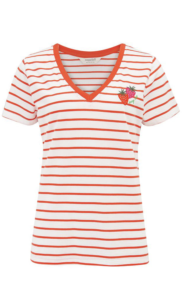 Sugarhill Brighton - Khloe V-Neck T-Shirt Red Off White Stripe Strawberry
