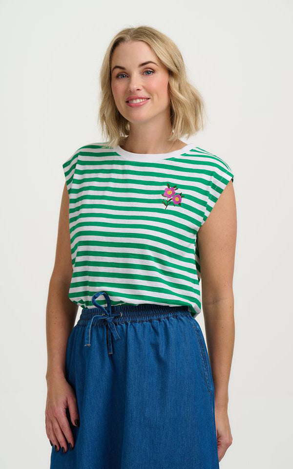 Sugarhill Brighton - Chrissy Relaxed Tank T-Shirt White Green Stripe Floral Sprig