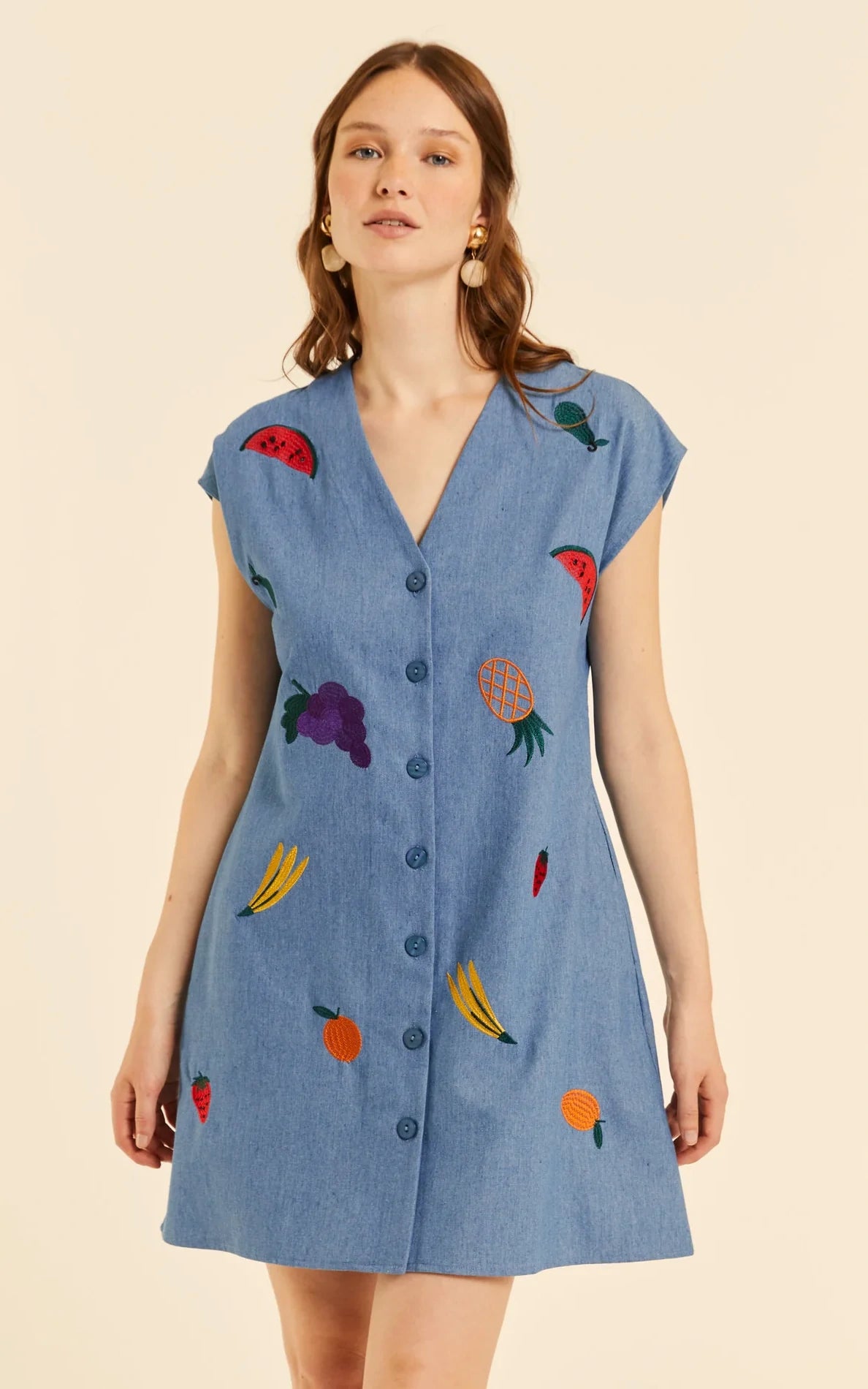 Pepaloves - Denim Button Down Dress With Embroidery
