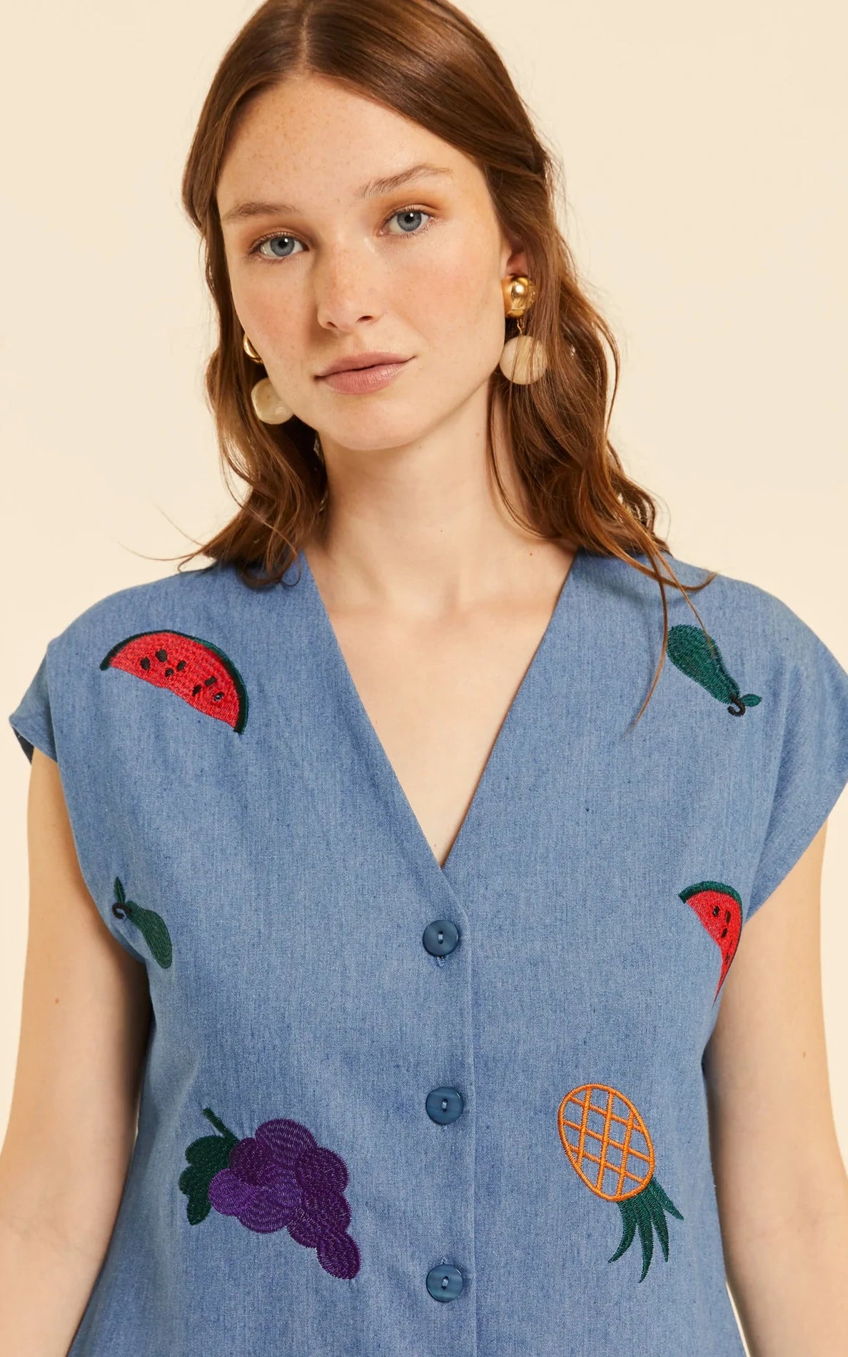 Pepaloves - Denim Button Down Dress With Embroidery