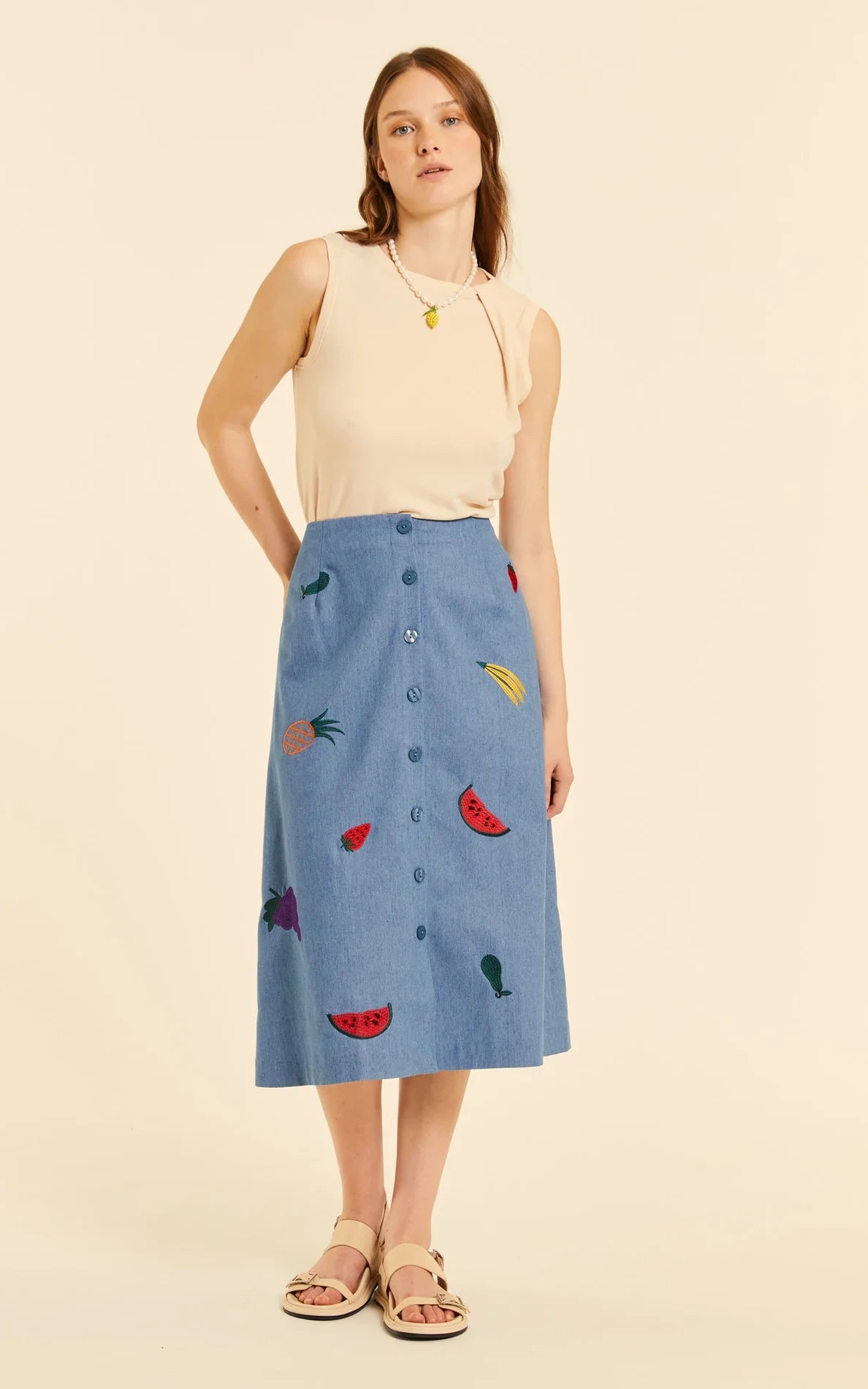 Pepaloves - Denim Button Up Skirt With Embroidery