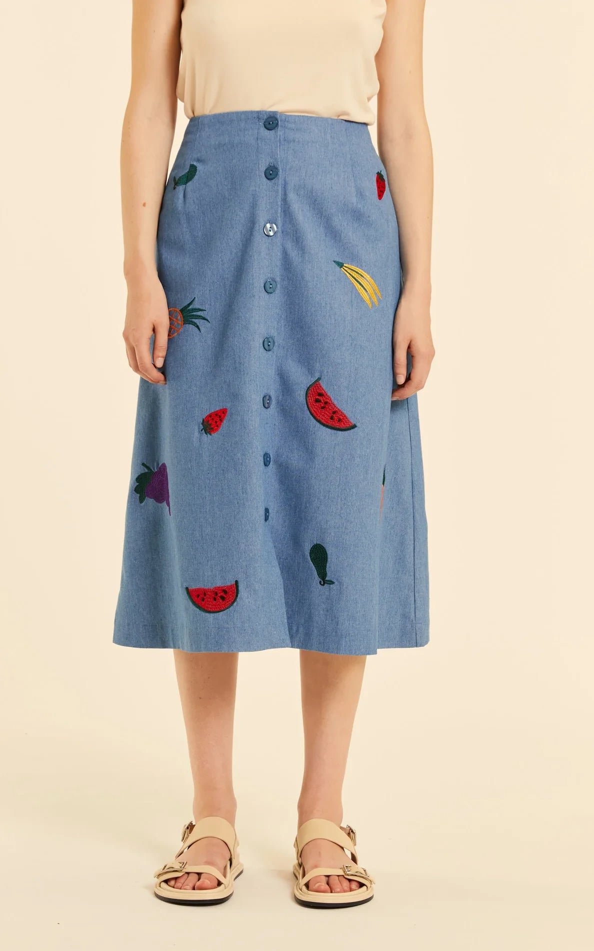 Pepaloves - Denim Button Up Skirt With Embroidery