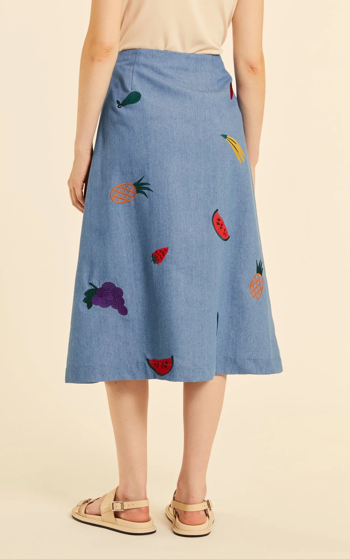 Pepaloves - Denim Button Up Skirt With Embroidery