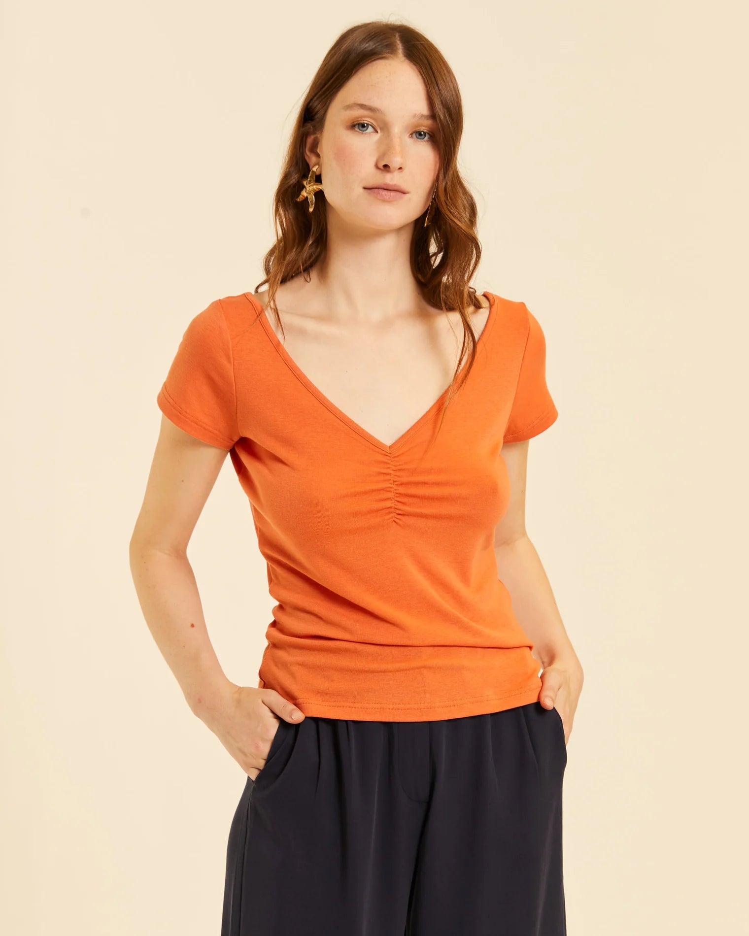 Pepaloves - V-neck Ruched Top Peach