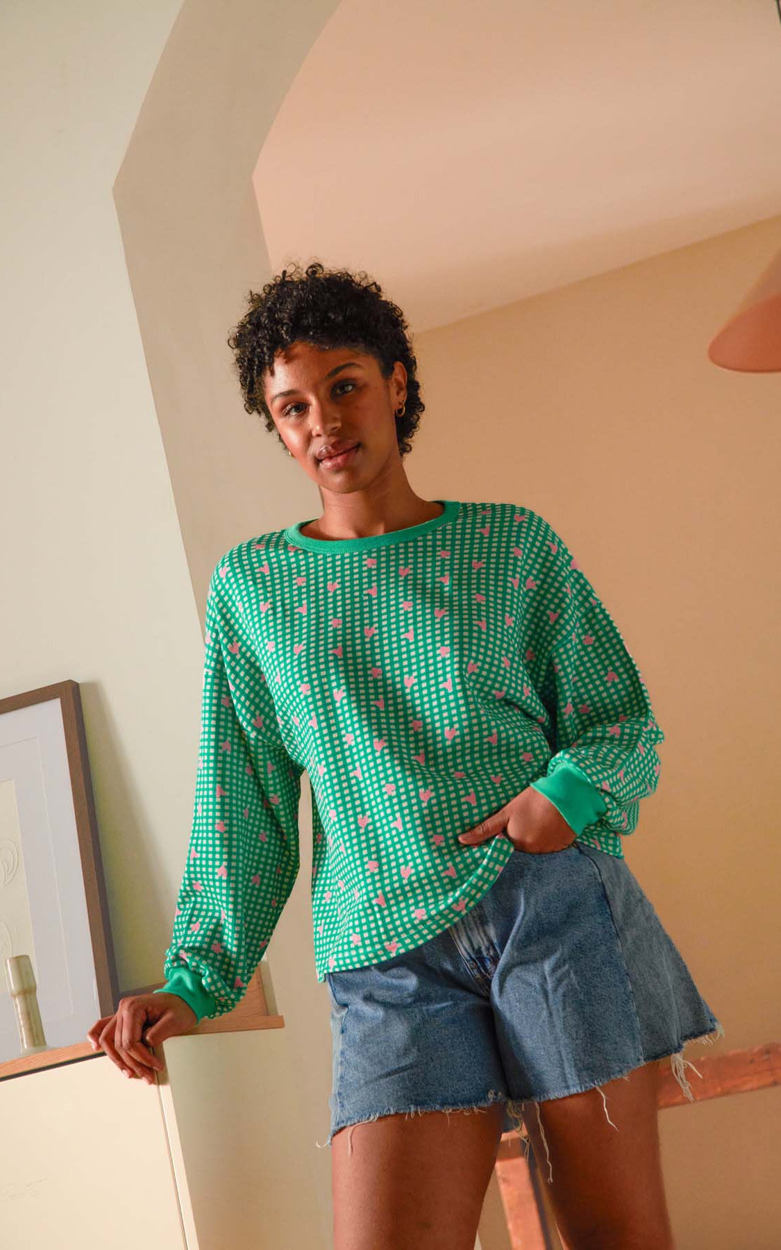 We Are Jolies - Cotton Sweatshirt Green Gingham Hearts