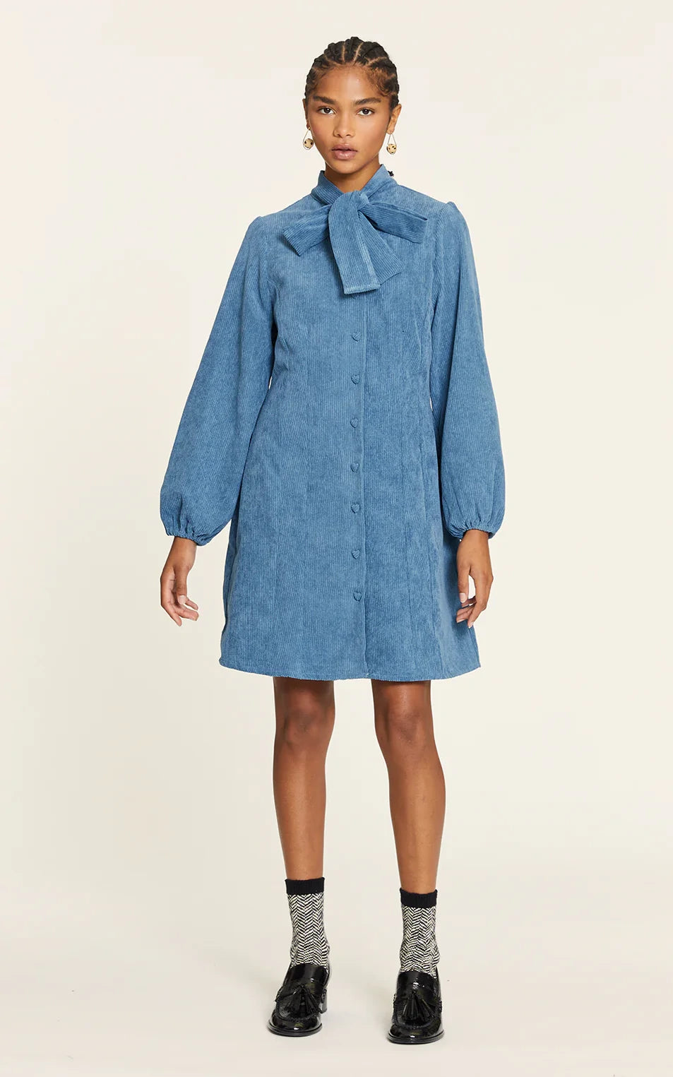Pepaloves - Corduroy Dress With Blue Bow
