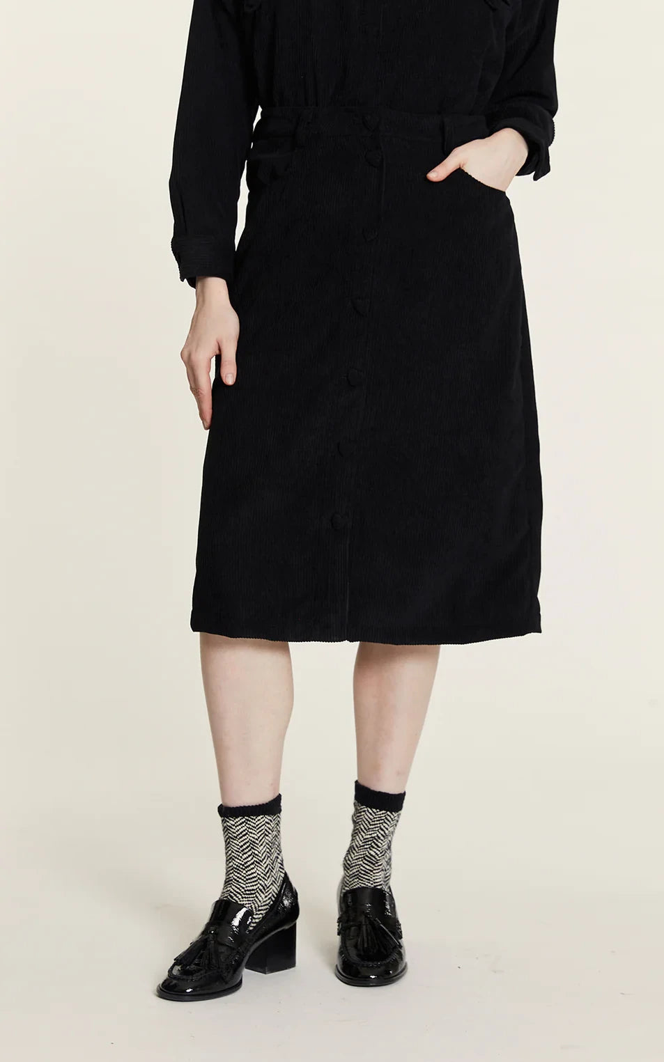 Pepaloves - Corduroy Skirt With Black Heart Buttons