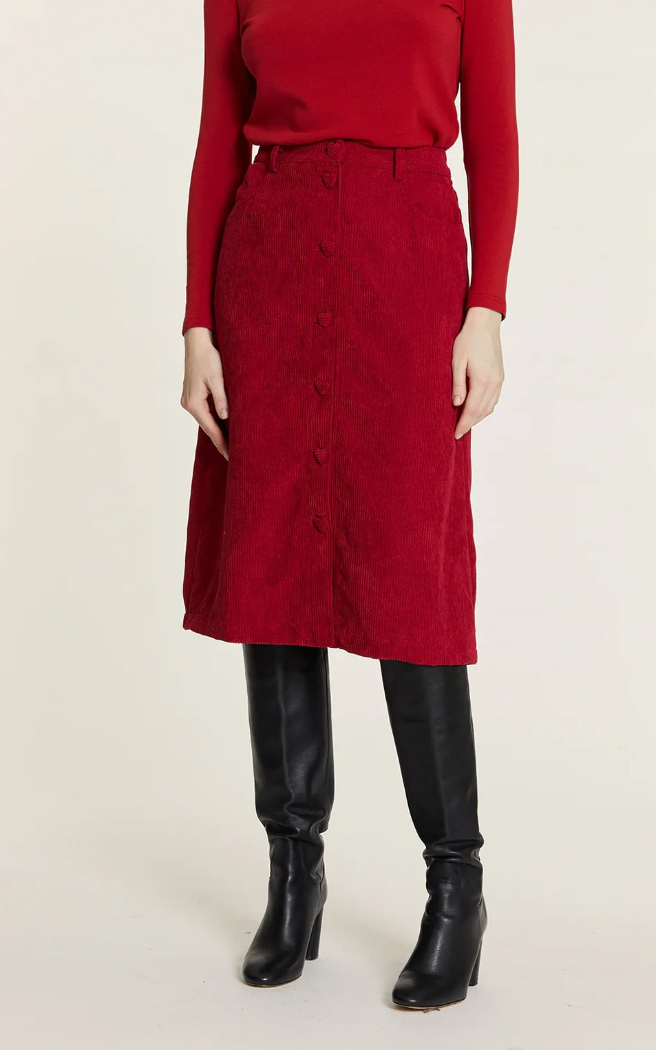 Pepaloves - Corduroy Skirt With Red Heart Buttons