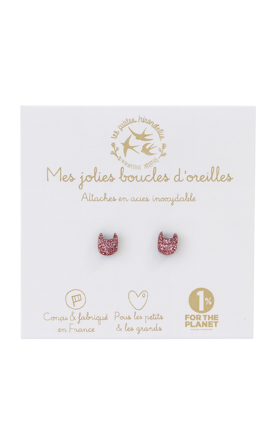 Glittery Stud Earrings Cat Pink
