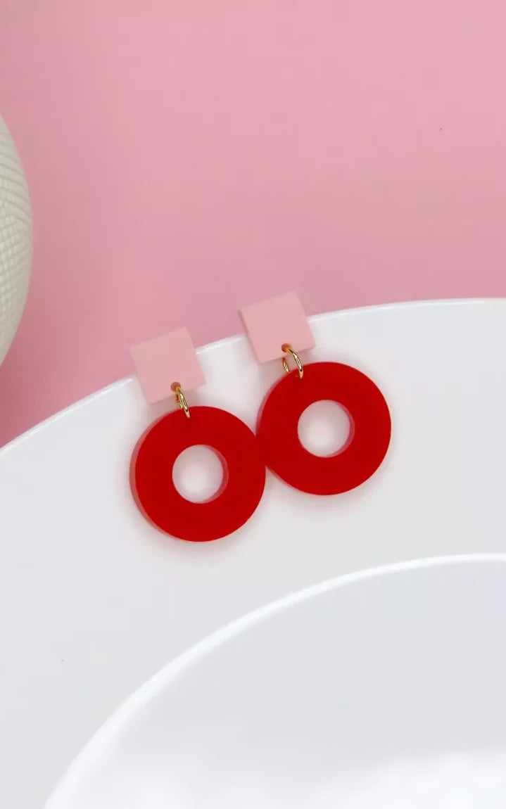 Square Circle Stud Earrings Pink Red