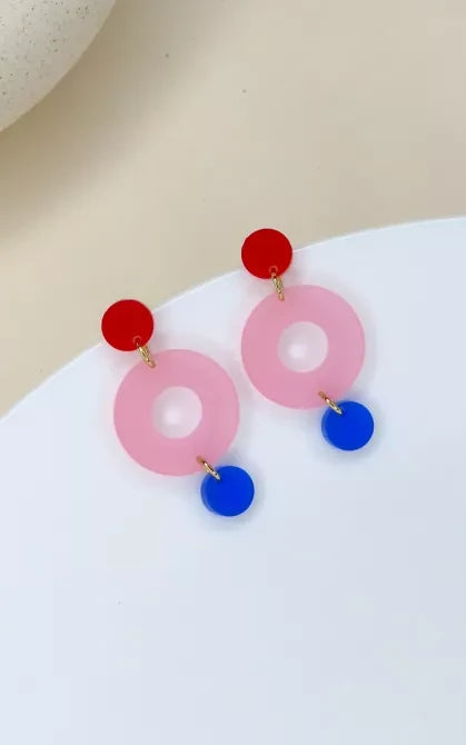Colorblock Double Circle Earrings Red Pink Blue