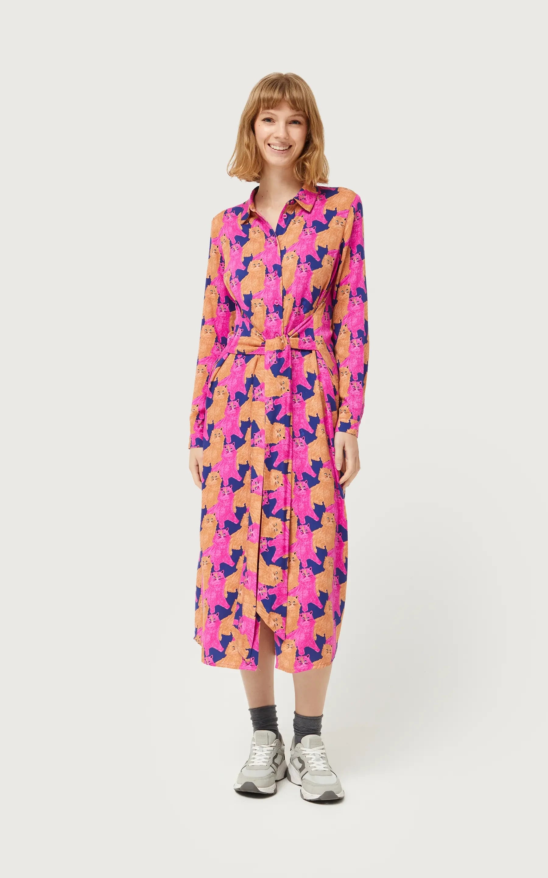 Compania Fantastica - Midi Shirt Dress With Cat Print