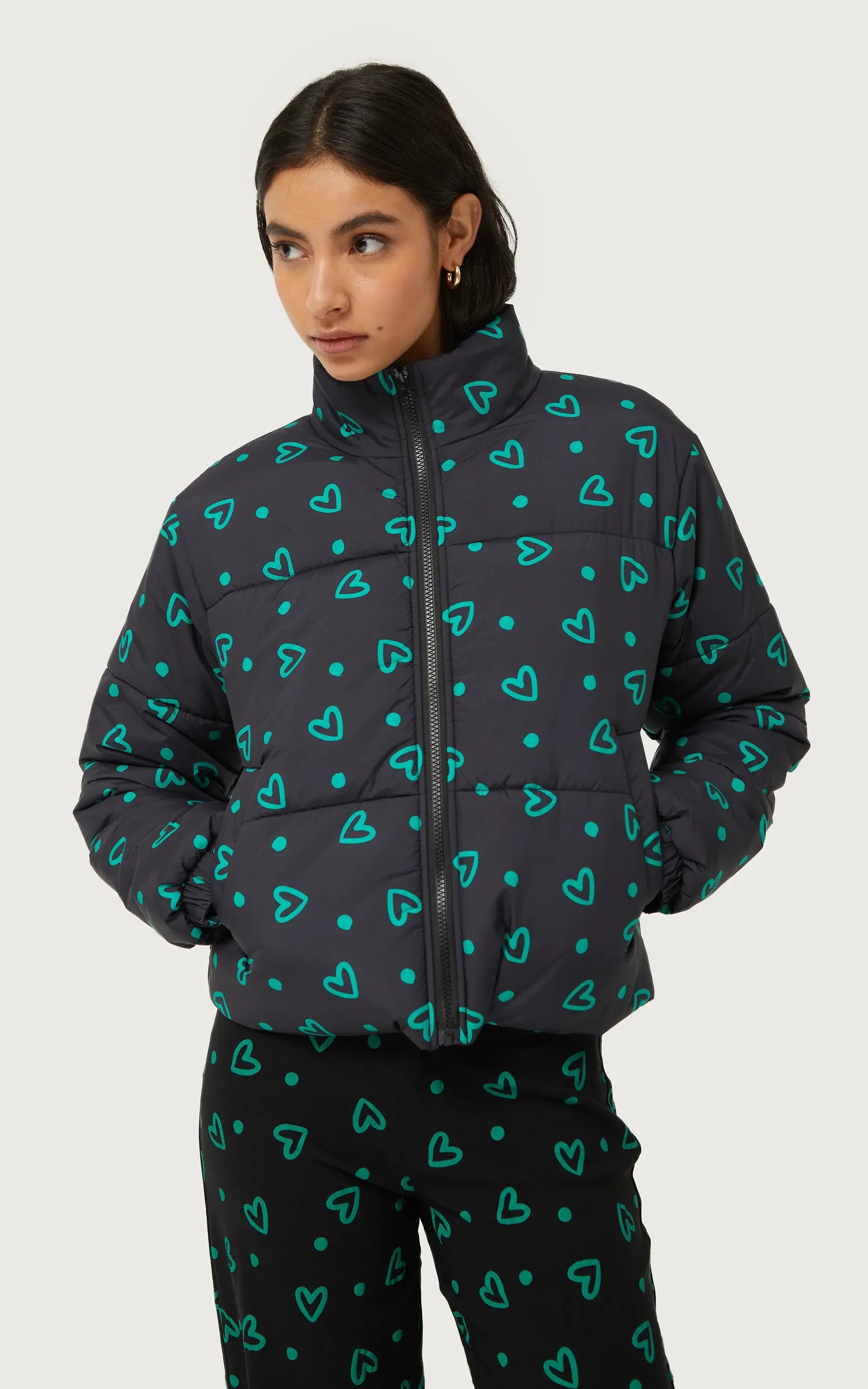 Compania Fantastica - Green Heart Print Padded Coat