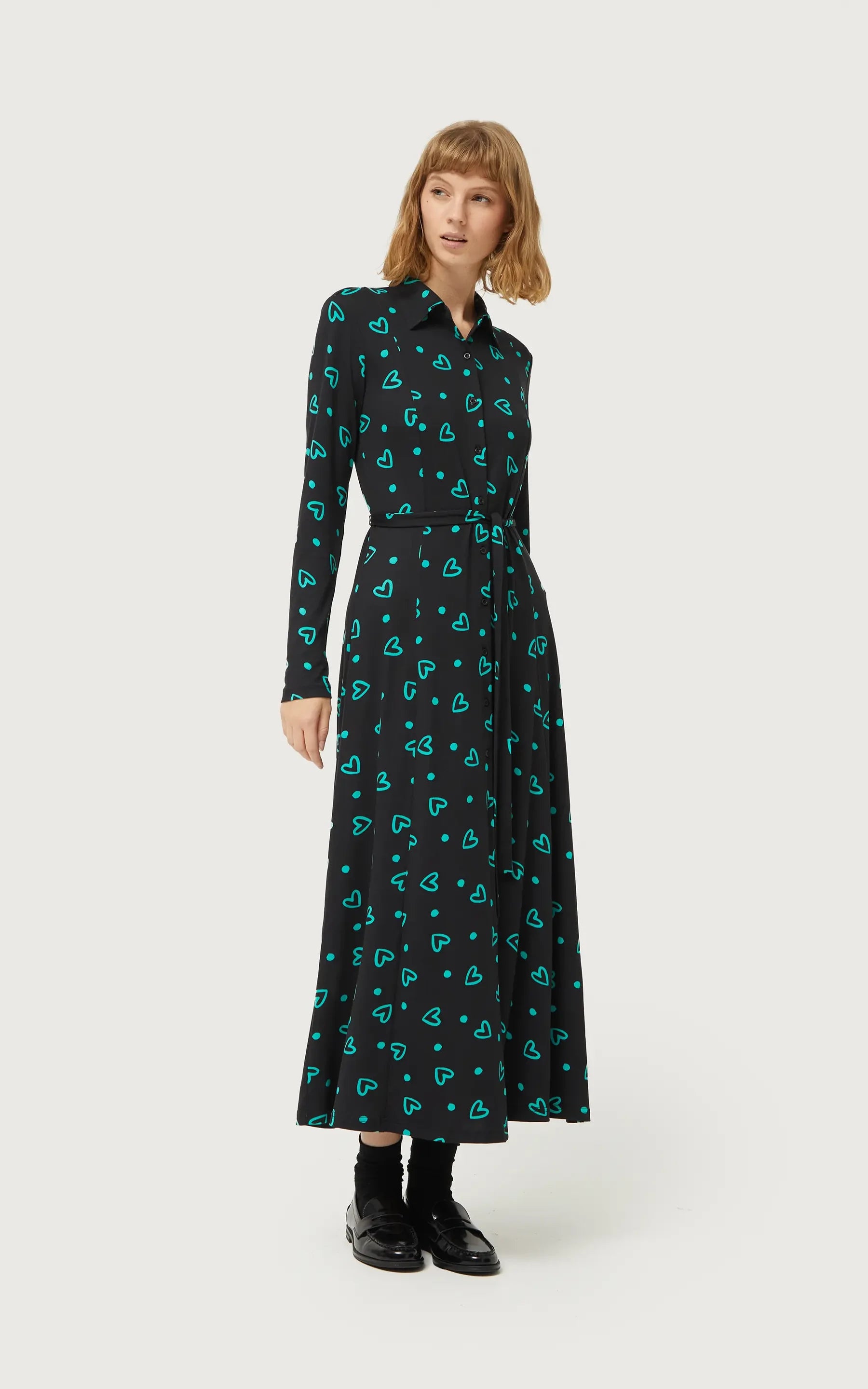 Compania Fantastica - Long Shirt Dress With Green Heart Print