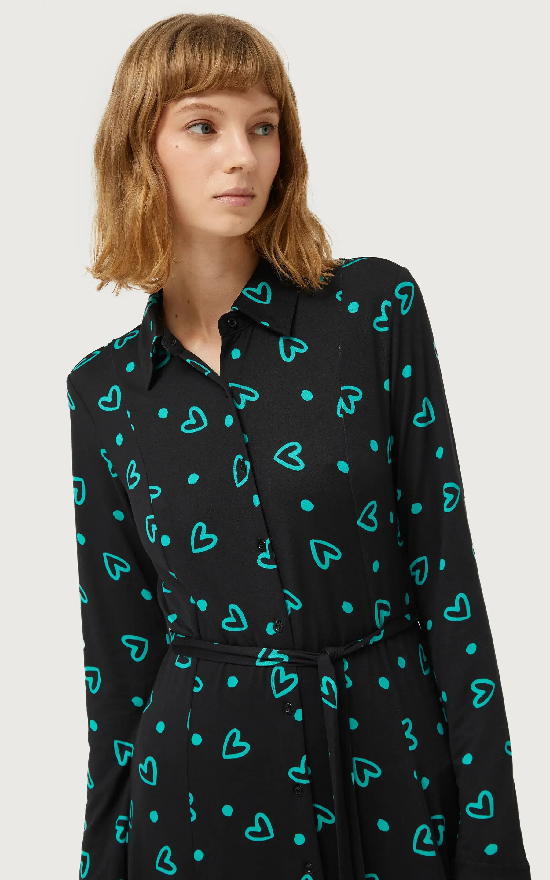 Compania Fantastica - Long Shirt Dress With Green Heart Print