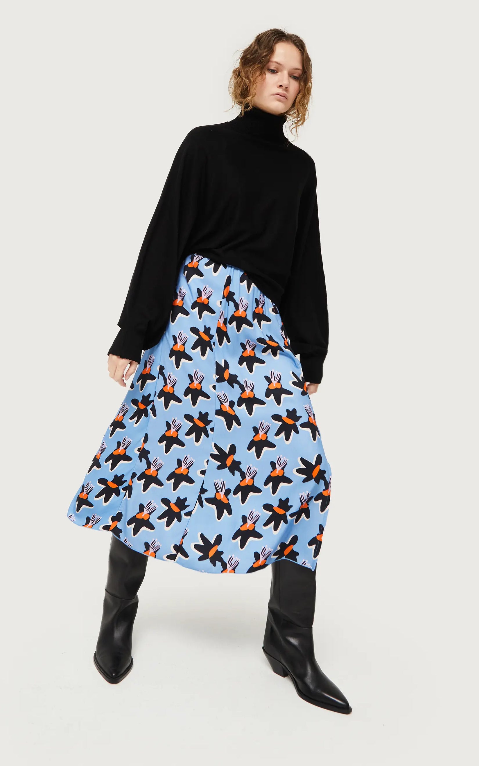 Compania Fantastica - Blue Calatea Floral Print Midi Skirt