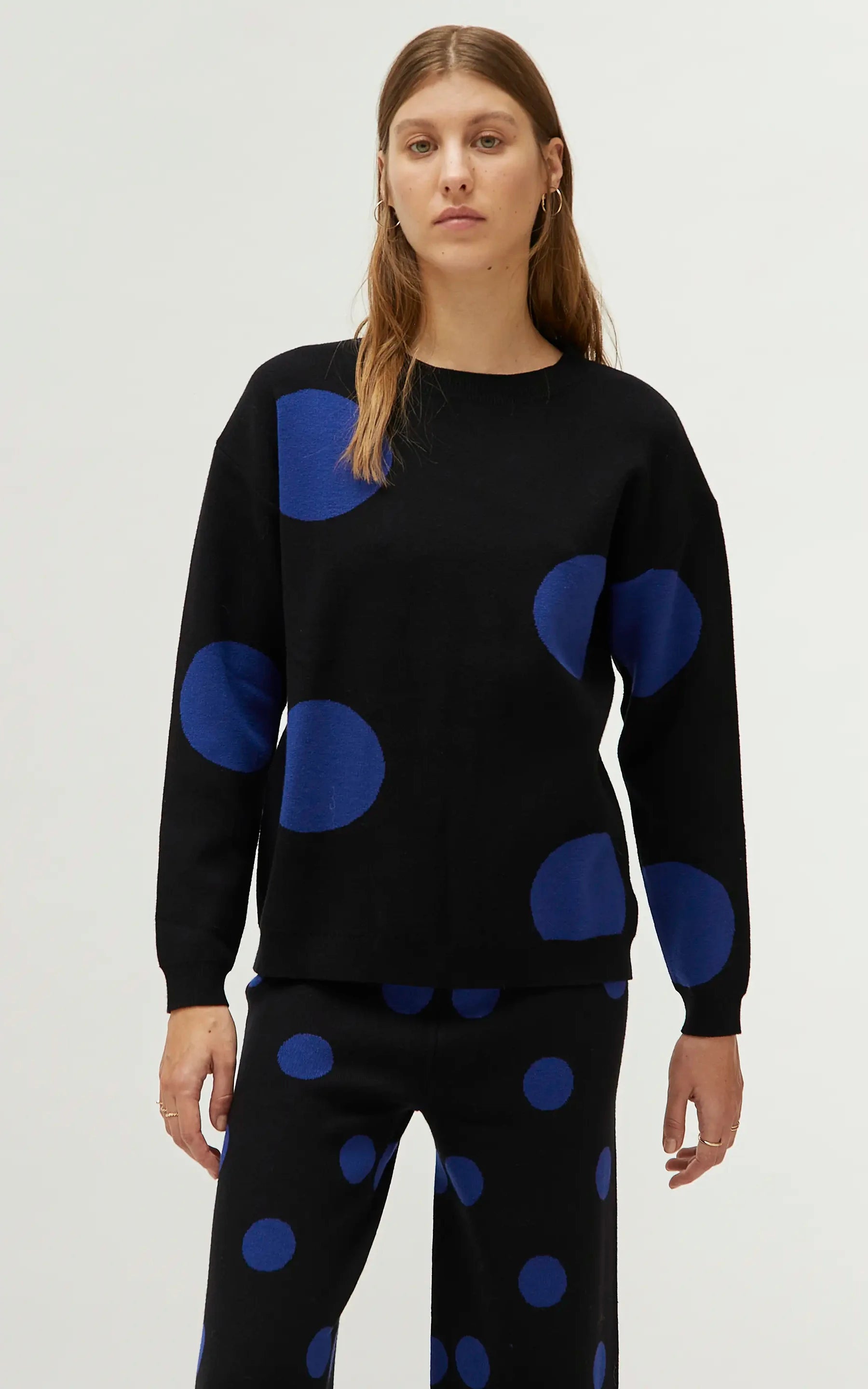 Compania Fantastica - Blue Polka Dot Printed Jacquard Knit Sweater