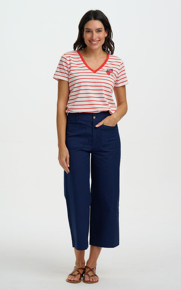 Sugarhill Brighton - Khloe V-Neck T-Shirt Red Off White Stripe Strawberry