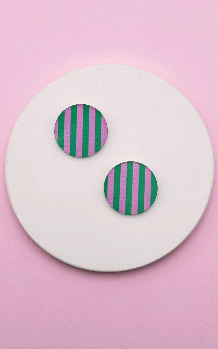 Striped Round Stud Earrings Green Pink