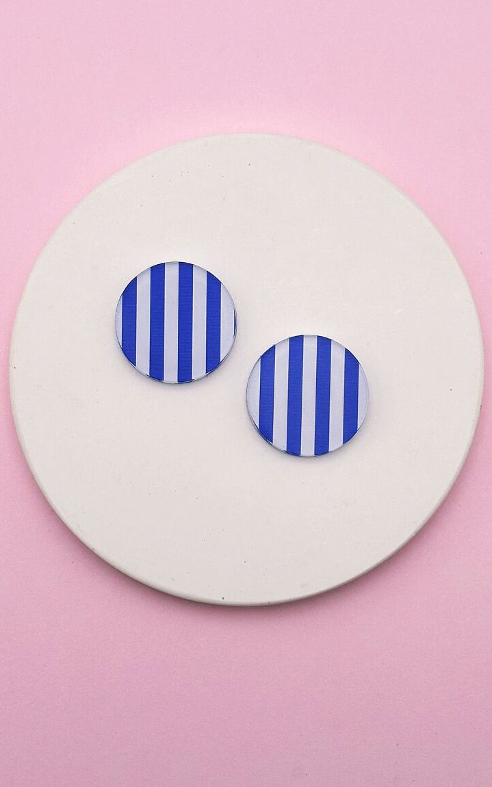 Striped Round Stud Earrings Blue White