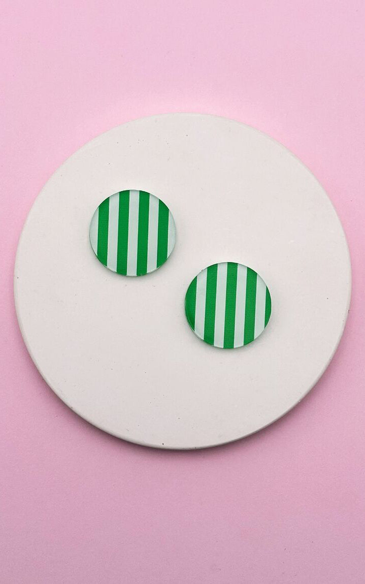 Striped Round Stud Earrings Green White