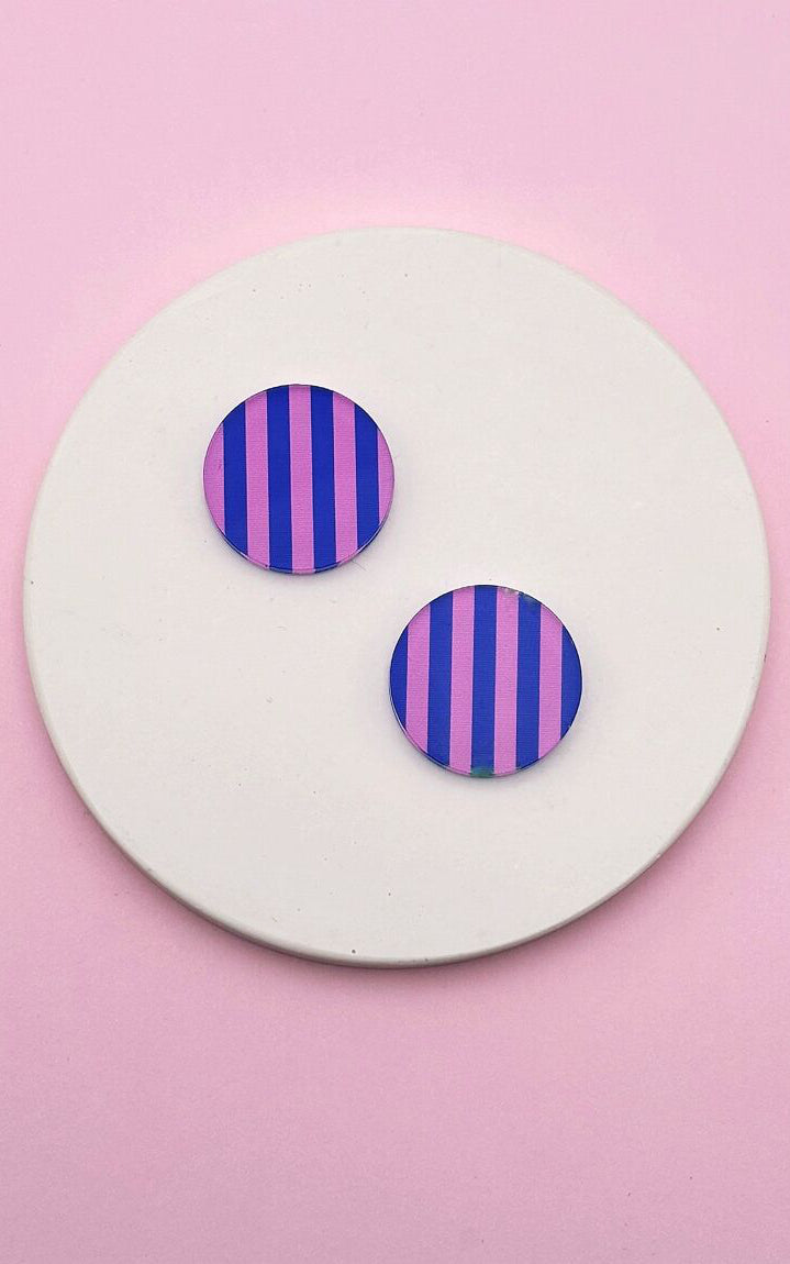 Striped Round Stud Earrings Blue Pink