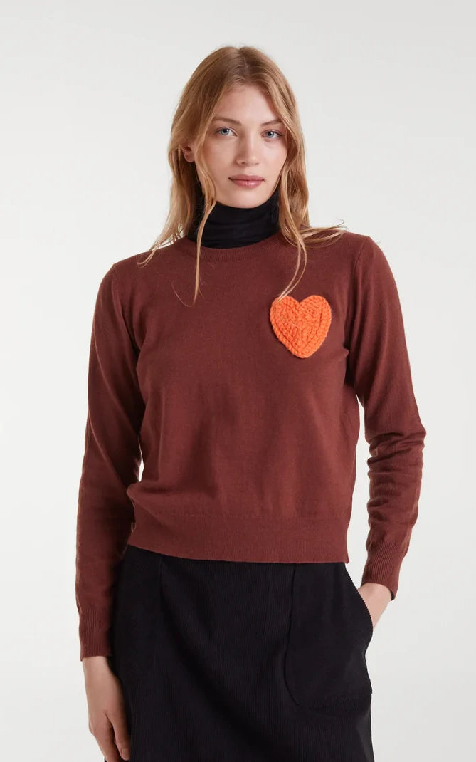 Brown Knitted Sweater Heart Print