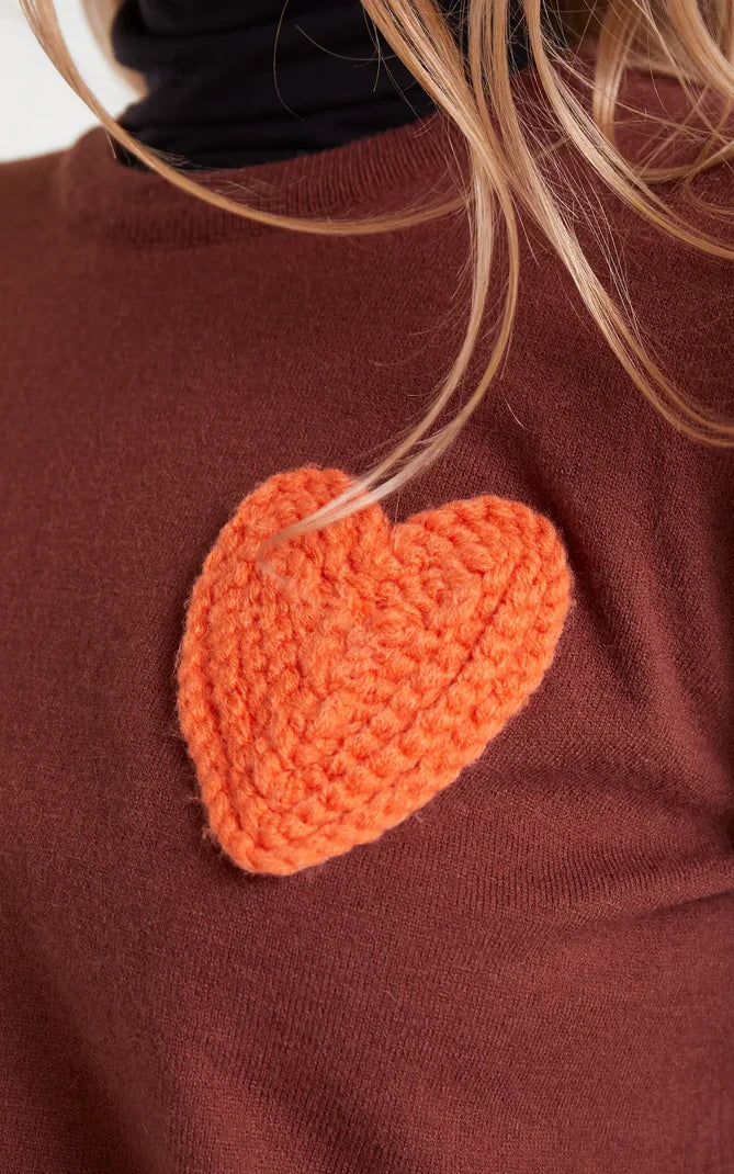 Brown Knitted Sweater Heart Print