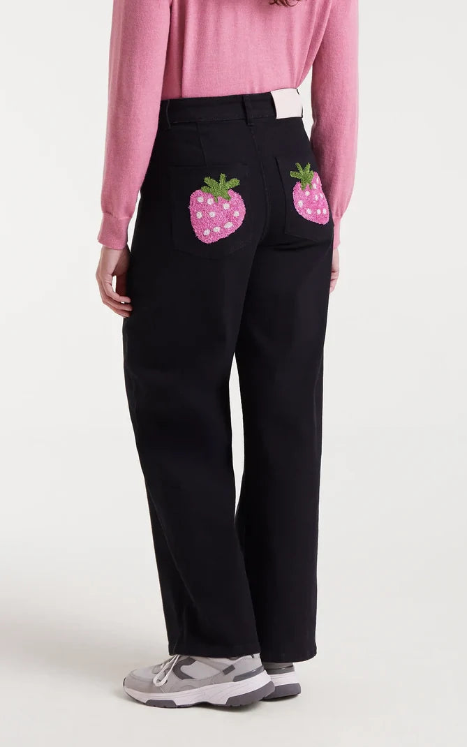 Black Jeans With Strawberry Embroidery