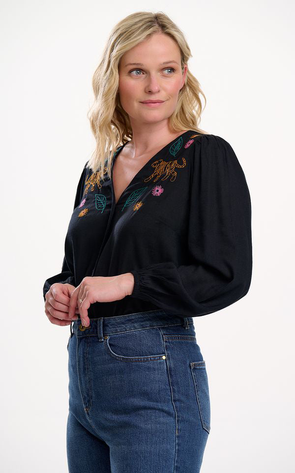 Sugarhill Brighton - Dawn Blouse Black Tiger Embroidery