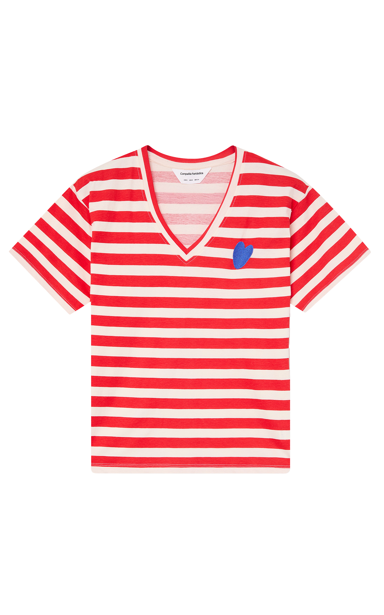 Compania Fantastica - T-shirt Red Striped Print And Embroidered Heart