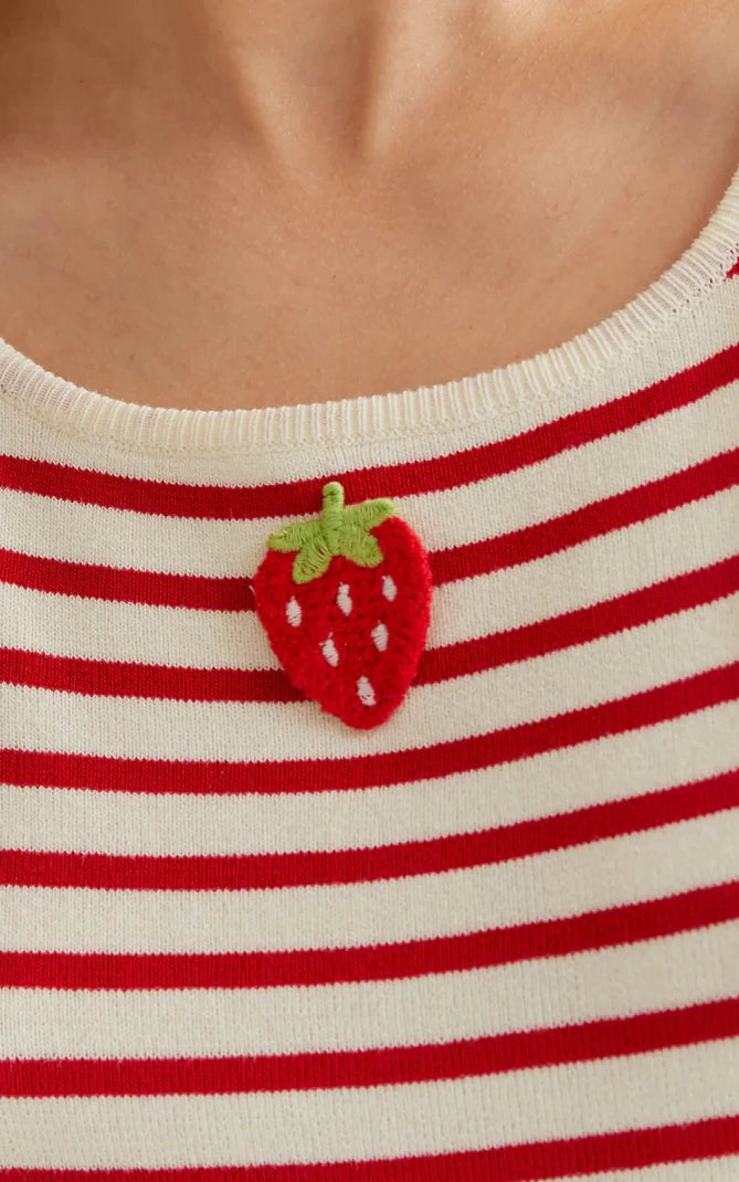 Compania Fantastica - White And Red Striped Top With Strawberry Embroidery