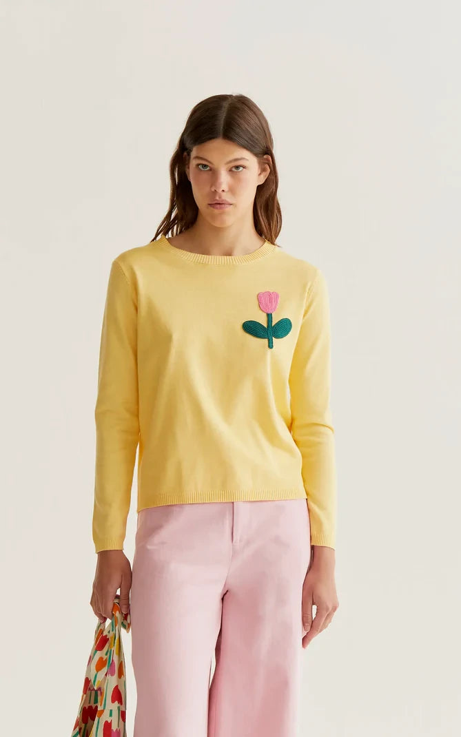 Compania Fantastica - Yellow Knit Sweater With Pink Tulip Embroidery