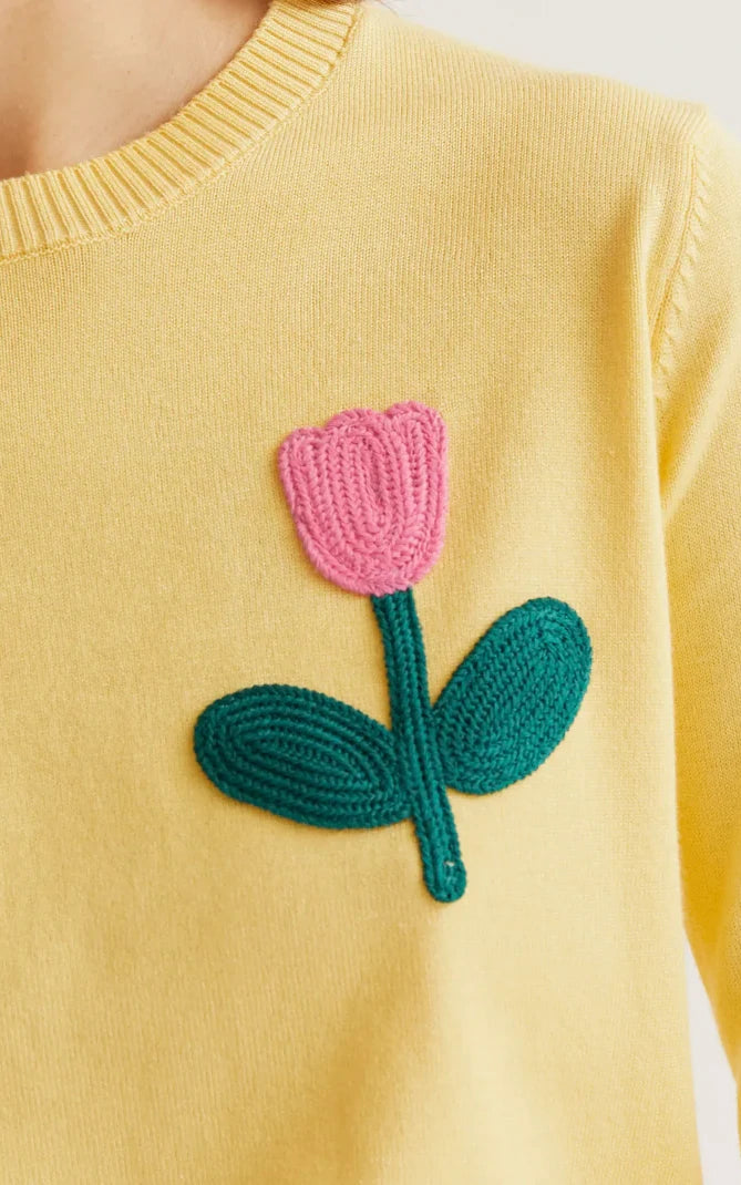 Compania Fantastica - Yellow Knit Sweater With Pink Tulip Embroidery