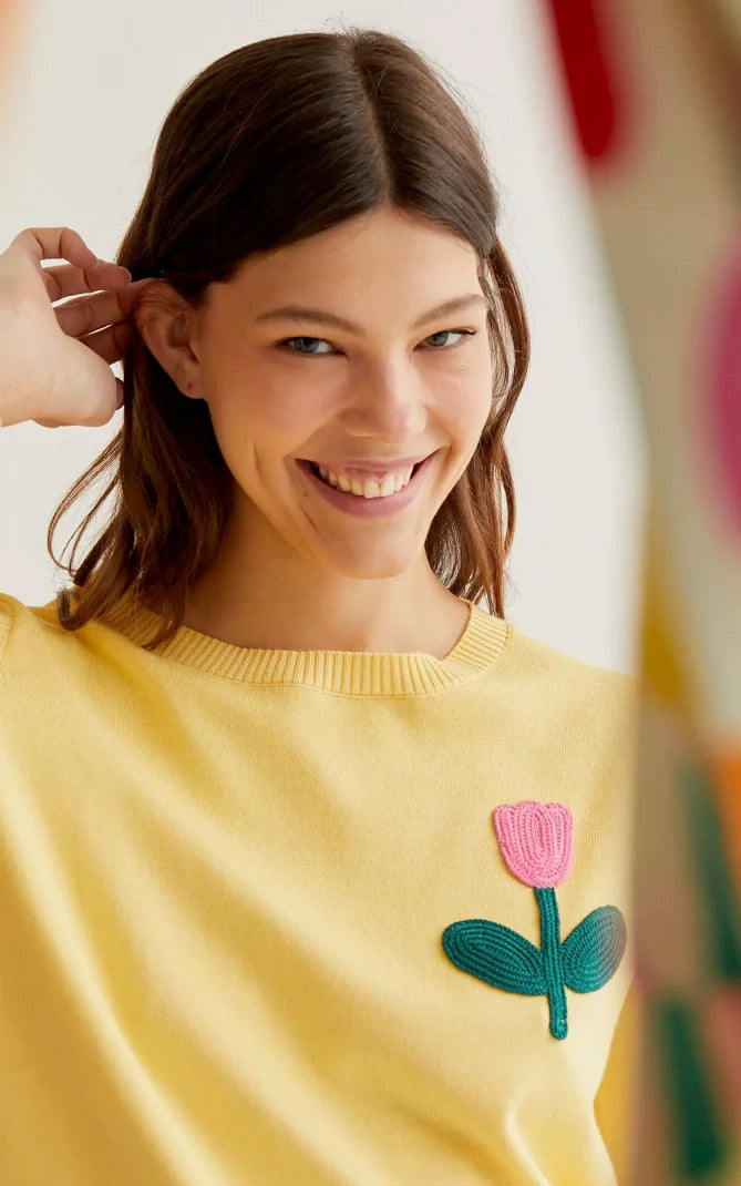 Compania Fantastica - Yellow Knit Sweater With Pink Tulip Embroidery