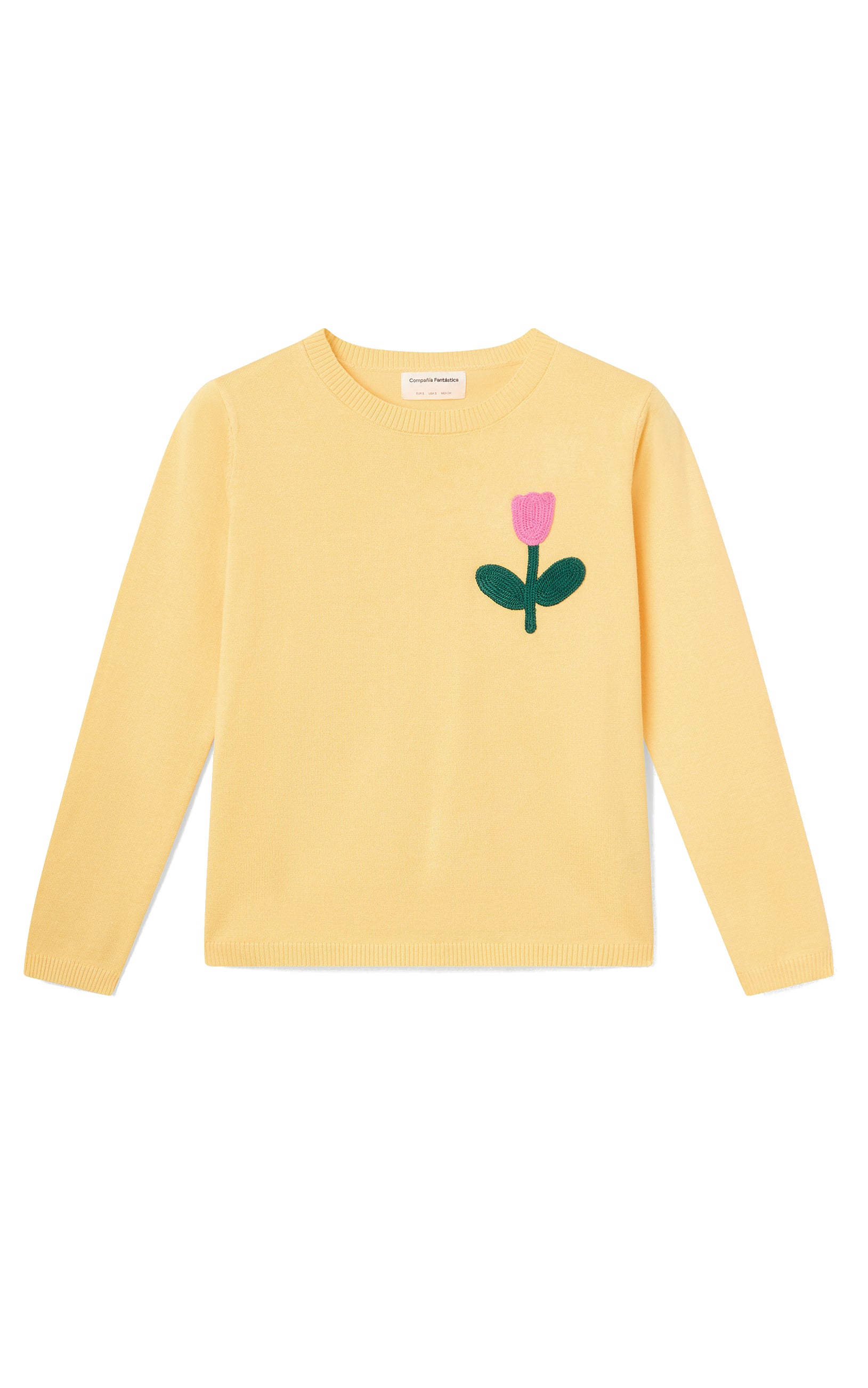 Compania Fantastica - Yellow Knit Sweater With Pink Tulip Embroidery